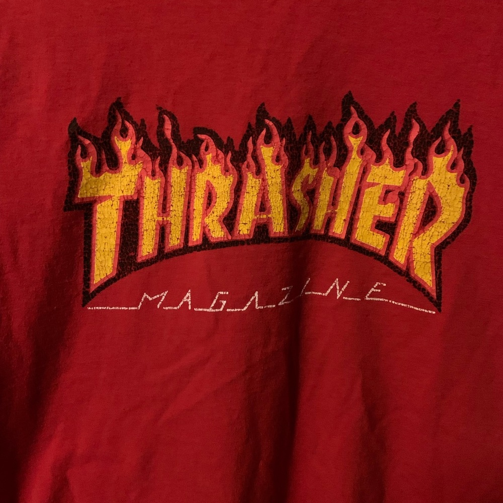 Vintage THRASHER Magazine Flames Logo Long Sleeve shirt red 100% Cotton MEDIUM